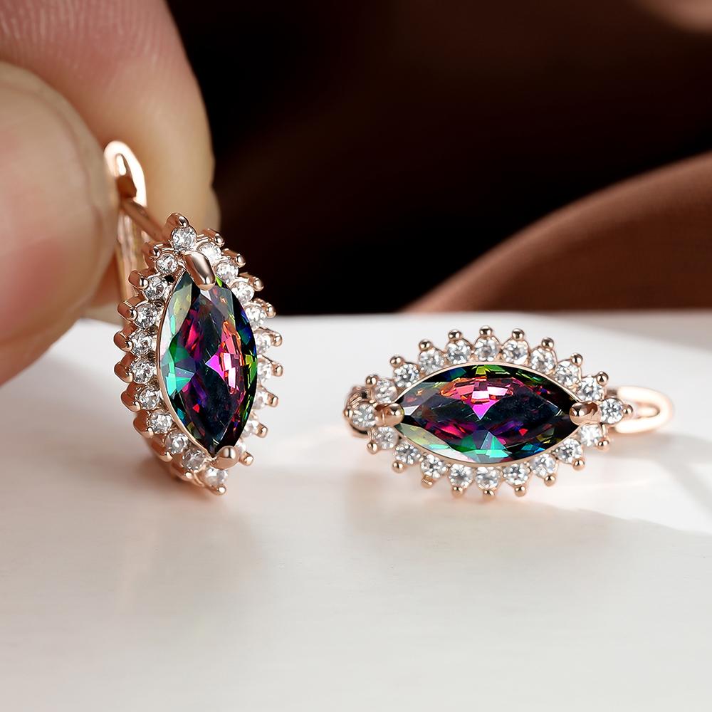 1 Pair Rose Gold Color Marquise Cut Multicolor Birthstone Drop Dangle Hook Earrings White Red Blue Green Stone Horse Eye Claw Earrings Jewelry