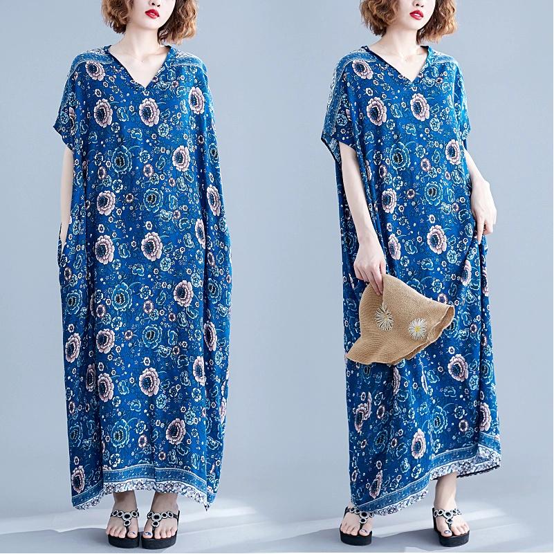 Dimanaf 2024 Plus Size Dress Women Summer V-Neck Sundress Bohemian Floral Print Loose Big Oversize Maxi Dress 7015