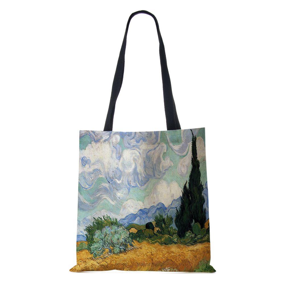 Женская сумка через плечо, шоппер, дорожная, холщовая, повседневная, ручная сумка, экологичная, переработанная, с масляной живописью, пейзаж, цветы, большая вместимость, сумка-тоут для книг, KTY