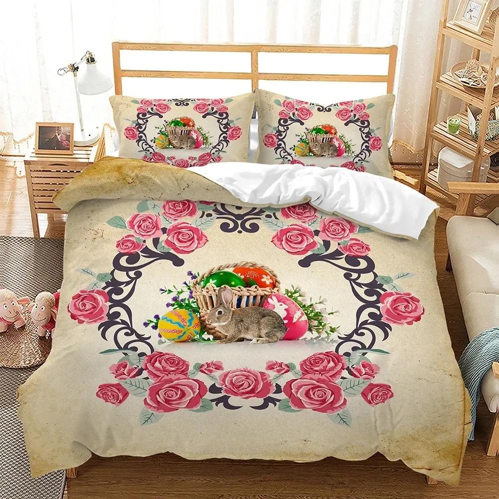 Easter Duvet Cover Set KingQueen Size Colorful Easter Eggs Nest Bunnies Theme Bedding Set Kids Boys Girls Polyester Quilt Cover