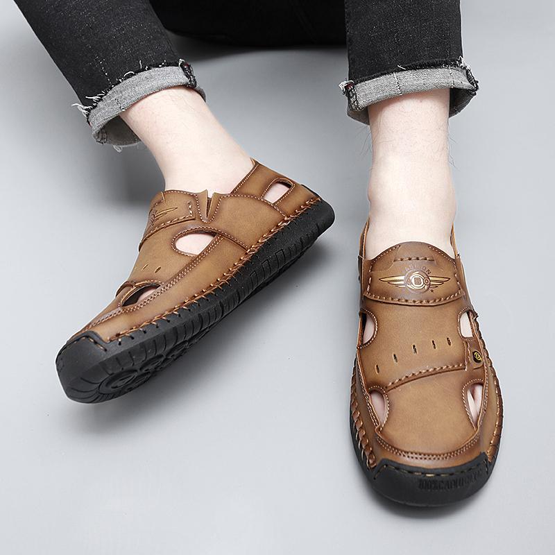 39-48 Летние мужские кожаные пляжные сандалии ручной работы Мужские сандалии с закрытым носком Сандалии большого размера