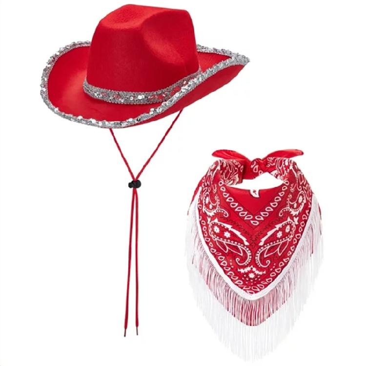 Blingbling Cowgirl Hat and Scarf Sequined Brim Hat and Tasseled Scarf