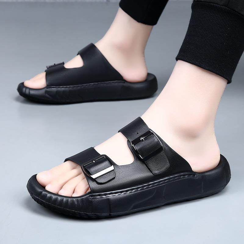The first layer of cowhide slippers men's summer European and American outer wear beach shoes men's indoor non-slip high-end sandals men's tide