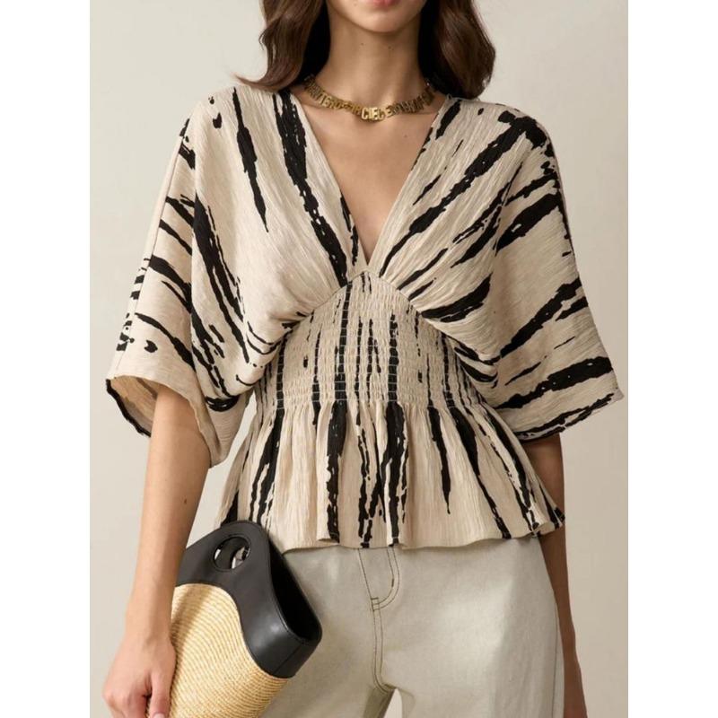 Женская блузка с принтом «Мазки кисти», V-образным вырезом, рукавами летучая мышь, приталенной талией и баской