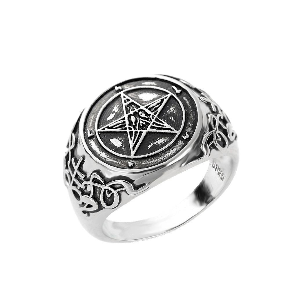 Satanic Baphomet Goat Head Ring with Inverted Pentagram Band Gothic Jewelry for Men Women