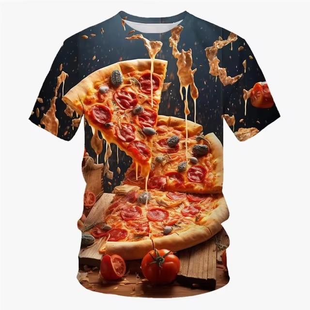 3D Printed Food Pizza T-shirt Men's Casual Summer Short Sleeved T-shirt Street Round Neck Versatile Top