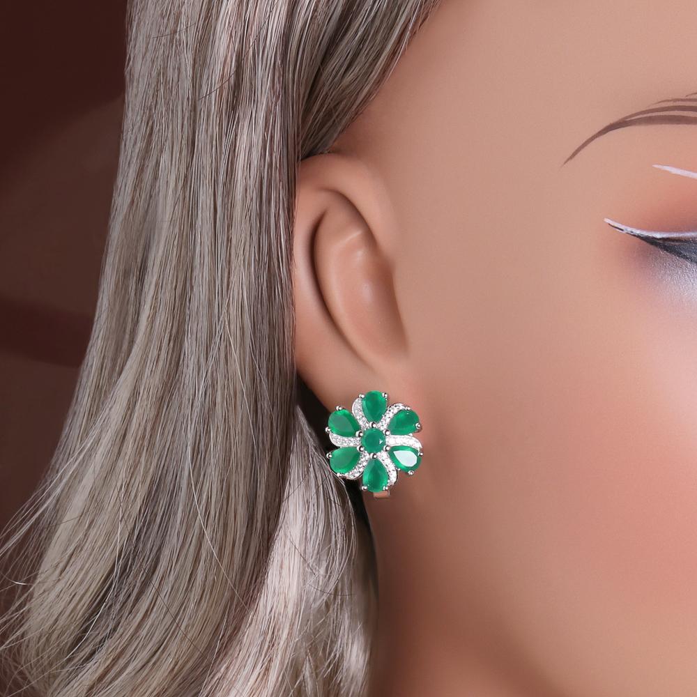 Gorgeous and Elegant Natural Green Agate Gemstones Flower Design Earrings 925 Sterling Silver Jewelry for Women Valentines Gift