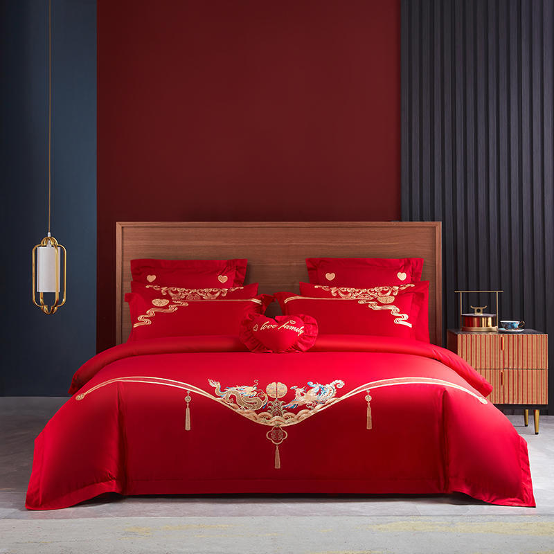 Комплект из четырех предметов с свадебной вышивкой, красное свадебное одеяло, постельное белье, свадебное пододеяльник, простыни, постельное белье для молодоженов, комплект из шести предметов для свадебной кровати