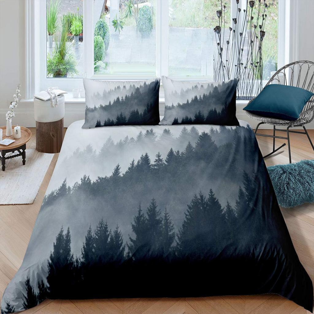Smoky Mountain King Queen Duvet Cover Grey Fog Pine Trees Bedding Set Retro Natural Scenery Art 2/3pcs Polyester Quilt Cover