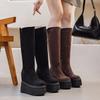 Сапоги женские 2025 осень и зима новые женские высокие сапоги на толстой подошве простые сапоги круглый носок внутренняя высота увеличение модные тонкие