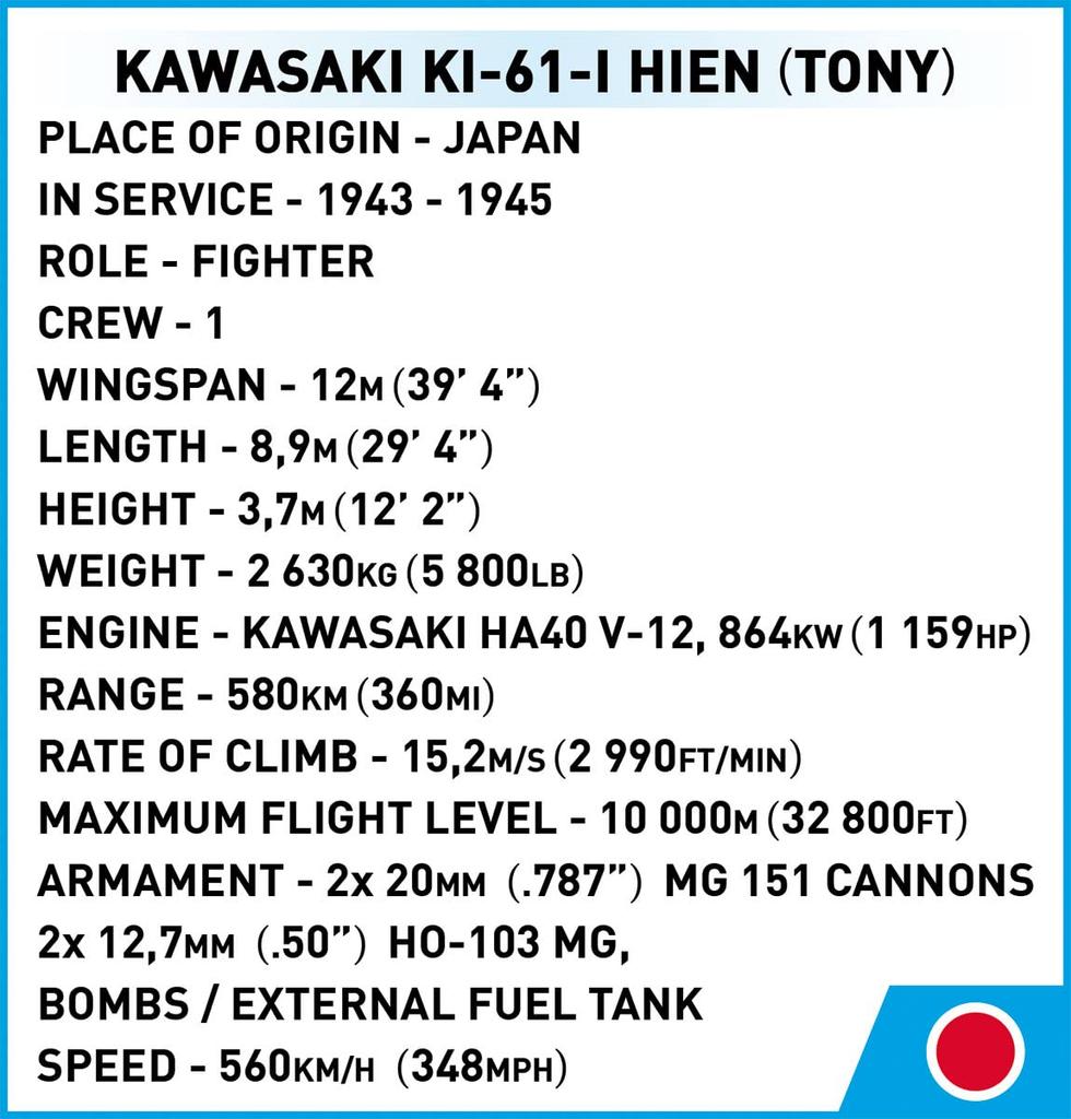 COBI (Kobi) Building Blocks Toy - Japanese Army Fighter Plane 1/32 Ki-61 Hien (Kawasaki Aircraft Type 3 Fighter) 324 Pieces - LEGO Compatible #5740
