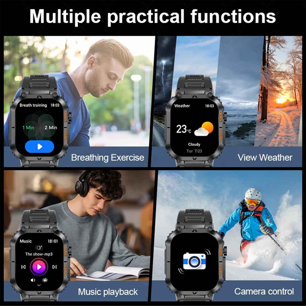 LIGE Умные часы со светодиодной подсветкой 2,02-дюймовый квадратный HD-экран Мониторинг здоровья Спорт на открытом воздухе Фитнес Водонепроницаемые умные часы для Android и IOS