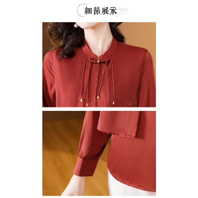Новый китайский вышитый повседневный шифоновый топ женский с длинным рукавом осенний для мамы рубашка-обманка из двух частей