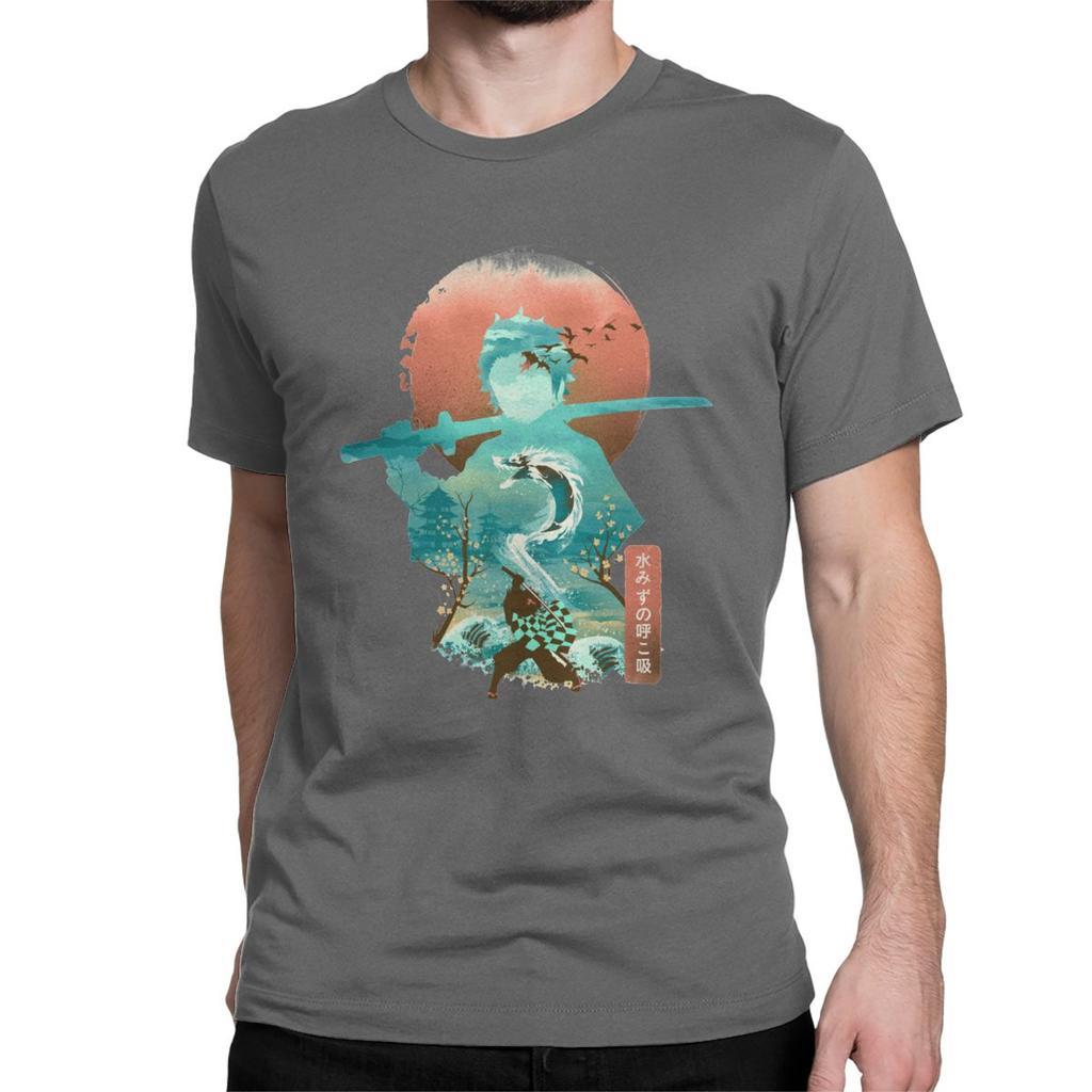 Men T Shirt Ukiyo E Breath Of Water Classic Vintage Pure Cotton Tee Shirt Demon Slayer