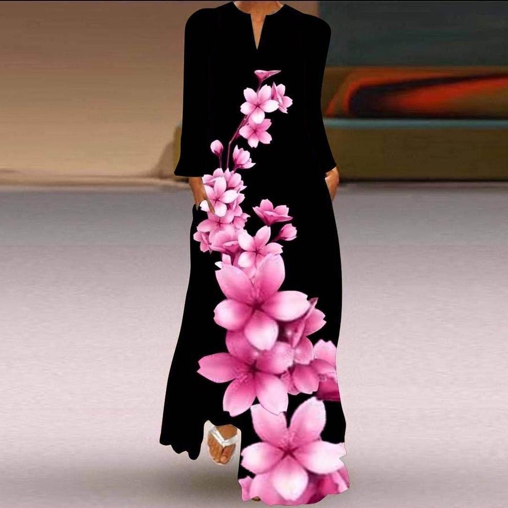 Весна Лето Женские Длинные Платья V-образный вырез Длинный рукав Карман Печатный Свободные Платья