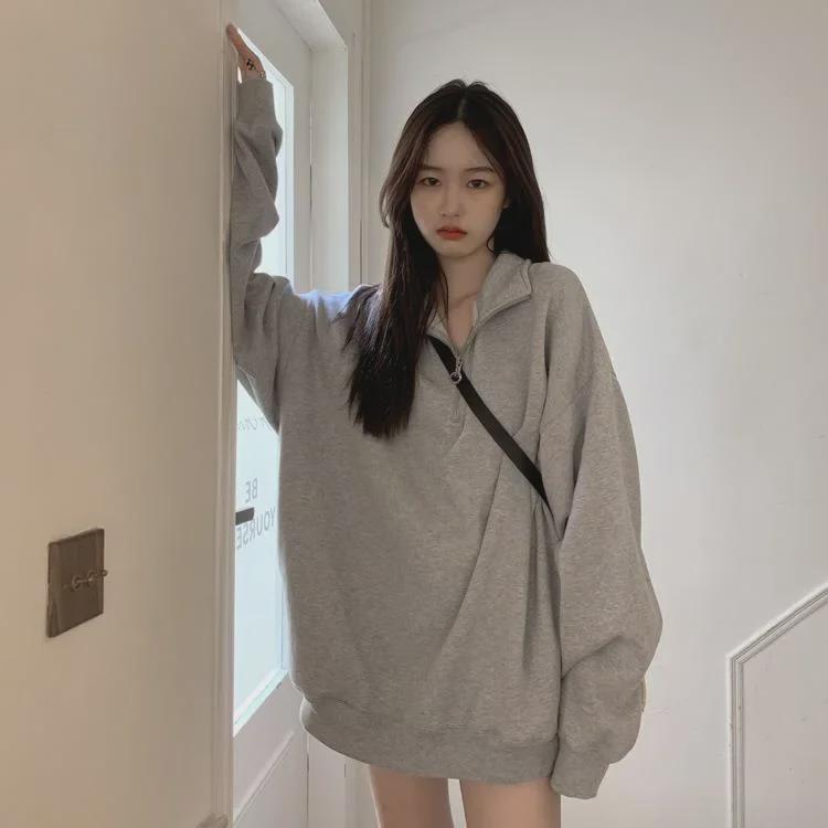 Women's American-Style Polo Collar Sweatshirt: Autumn/Winter Loose Pullover with Long Sleeves