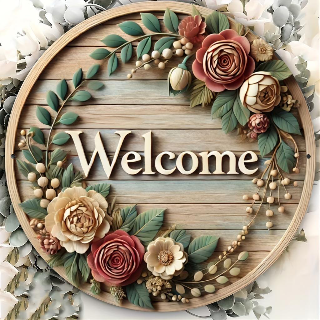 A Pack of 8-inch Round Vintage Metal Wreath Wrought Iron Welcome Signs, Waterproof and Non-fading