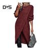 Women Fall Winter Dress Irregular Split Hem Knitted Loose Soft Thick Warm Long Sleeve Solid Color Mid Length Sweater Dress