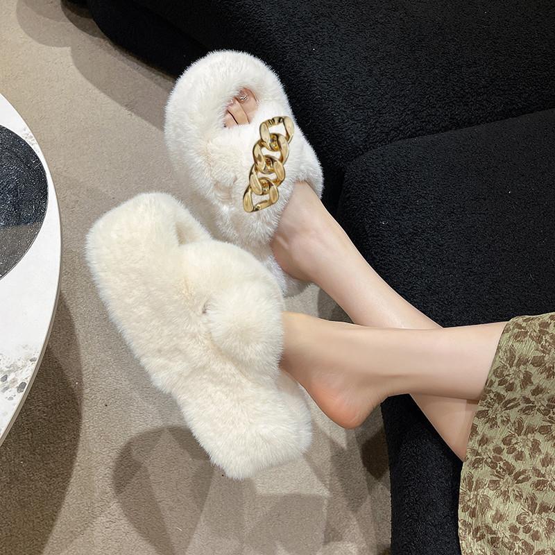 Popular Mao Mao Slippers Women's Outer Wear Chain Thick Bottom Increases Height Spring and Summer Fashion Going Out Plush Cross Autumn and Winter