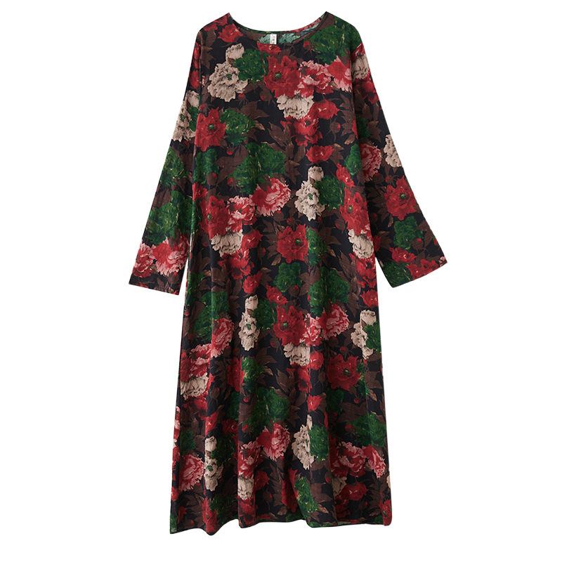 Весеннее литературное платье больших размеров с принтом, круглым вырезом и длинными рукавами для женщин