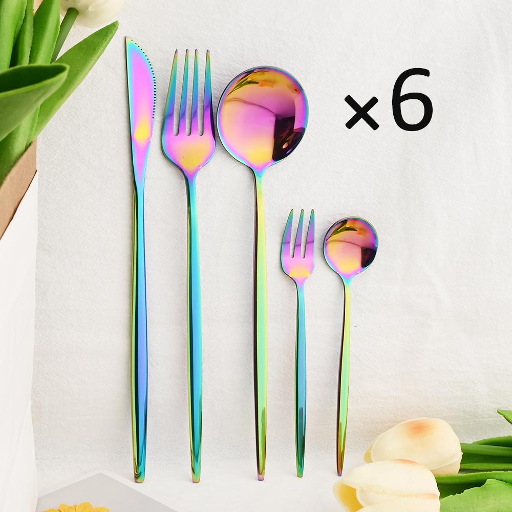 6People Gold Cutlery Set Mirror Stainless Steel Dinnerware Set Knife Cake Fork Tea Spoon Silverware Flatware Party Western Kitchen Tableware