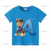 Милая синяя футболка Щенячий патруль Одежда для мальчиков С буквой А-Я Напечатанная с коротким рукавом Мультяшная Модная Детская На день рождения Малыш Хлопковые Топы Подарок