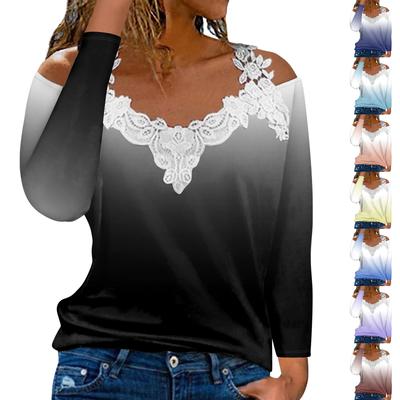 Модный кружевной пуловер с V-образным вырезом, длинный рукав, градиентный принт, повседневная футболка