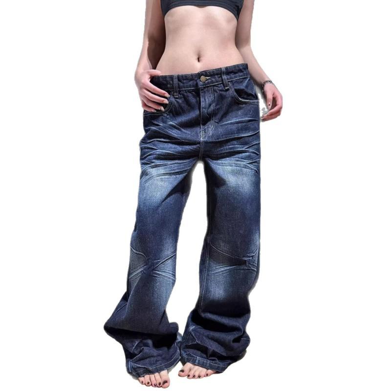 Womens Baggy Straight Leg Jeans Vintage Distressed Denim Streetwear Style High Waist Loose Fit