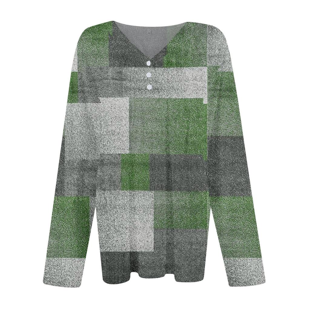 Fashion Tops Casual Pleated V-Neck Carpet Checkered Print Long Sleeve T-Shirt
