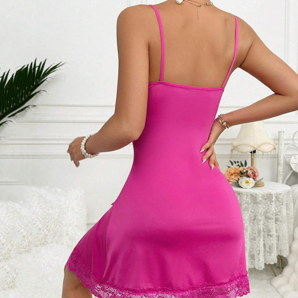 Women Nightdress V Neck Backless Sleeveless Bow Lace Floral Embroidery Nightie Spaghetti Strap Slit Hem Nightgown