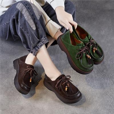 Женские туфли из натуральной кожи с кисточками, ретро, на толстой подошве, на шнуровке, из коровьей замши, на среднем каблуке, лодочки