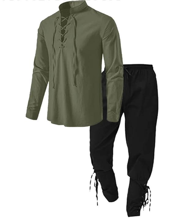 2Pcs Retro Vintage Medieval Renaissance Cosplay Costume Outfits Pirate Viking Halloween Casual Daily LARP Ren Faire Shirt Pants