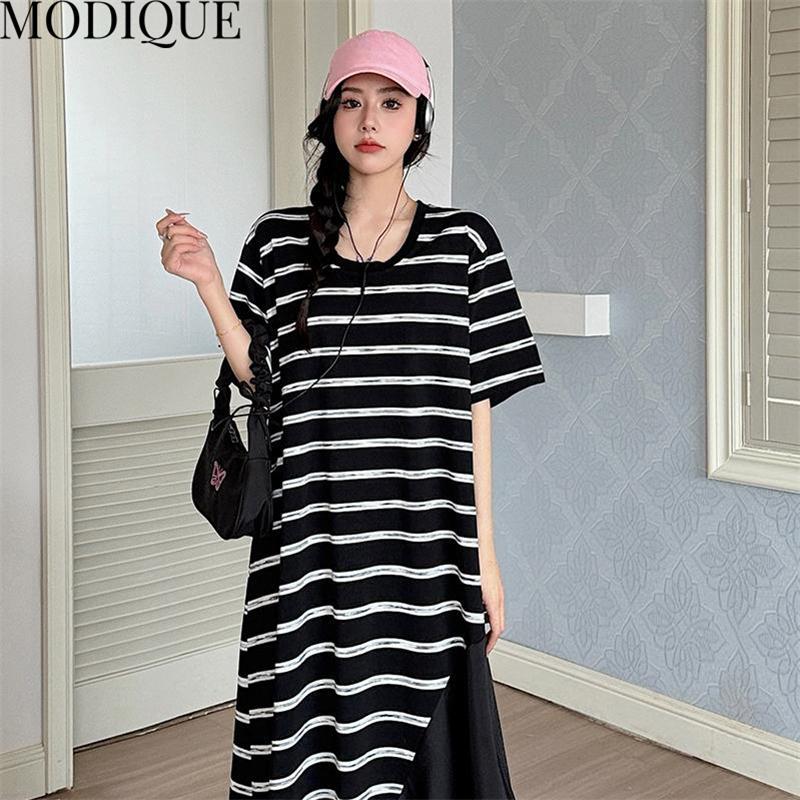 MODIQUE Лето Плюс Размер Женщины Свободные Универсальные Черно-Белые Полосы Лоскутные Длинные Платья Женские Повседневные Платья С Коротким Рукавом U-образным Вырезом