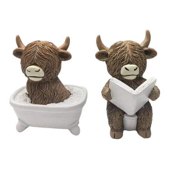 Highland Cow Statue Mini Figurine Realistic Looking Funny Highland Cattle Statue Animal Sculpture Ornament