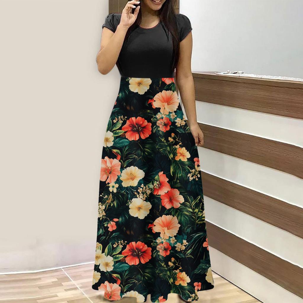 Женская мода повседневные свободные принтованные платья с круглым вырезом и коротким рукавом длинные платья с коротким рукавом длинные платья