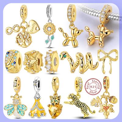 Серия Gold Шармы из стерлингового серебра 925 пробы Бусины Подвески Собака-шарик Бант Подсолнух Бабочка Шарм Подходит для браслета Женские украшения Подарок
