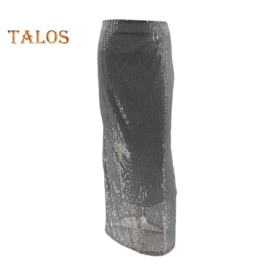 Maxi Skirt High Waist Solid Color Long Skirt with Shiny Sequin Decoration Home Commuting Street Leg-lengthening Skirt
