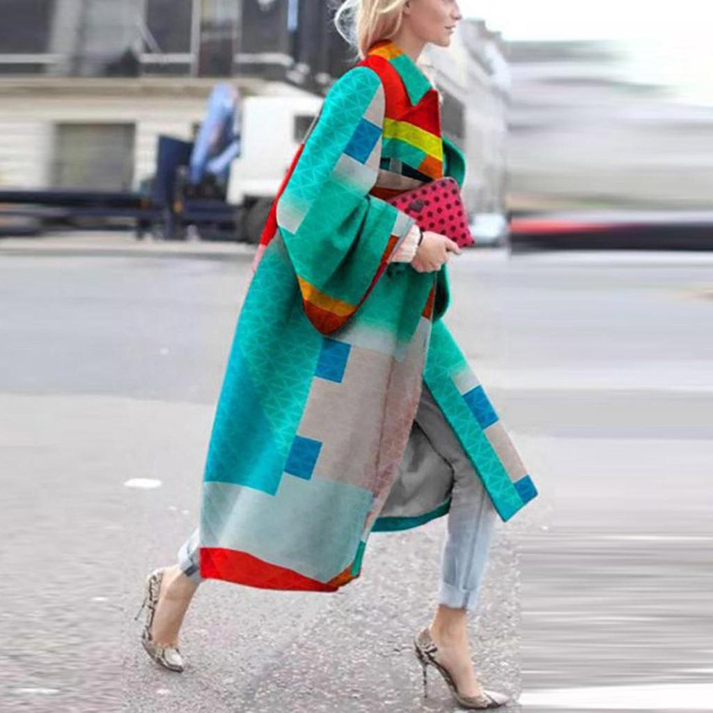 Модная женская карманная куртка с принтом, верхняя одежда, кардиган, пальто, длинный плащ