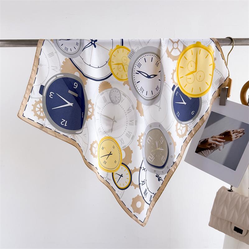 Clock Print Square Scarf Women‘s Print Scarf Luxury Imitation Silk Neckerchief Bandanas Foulard Hairbands Wraps For Travel Beach