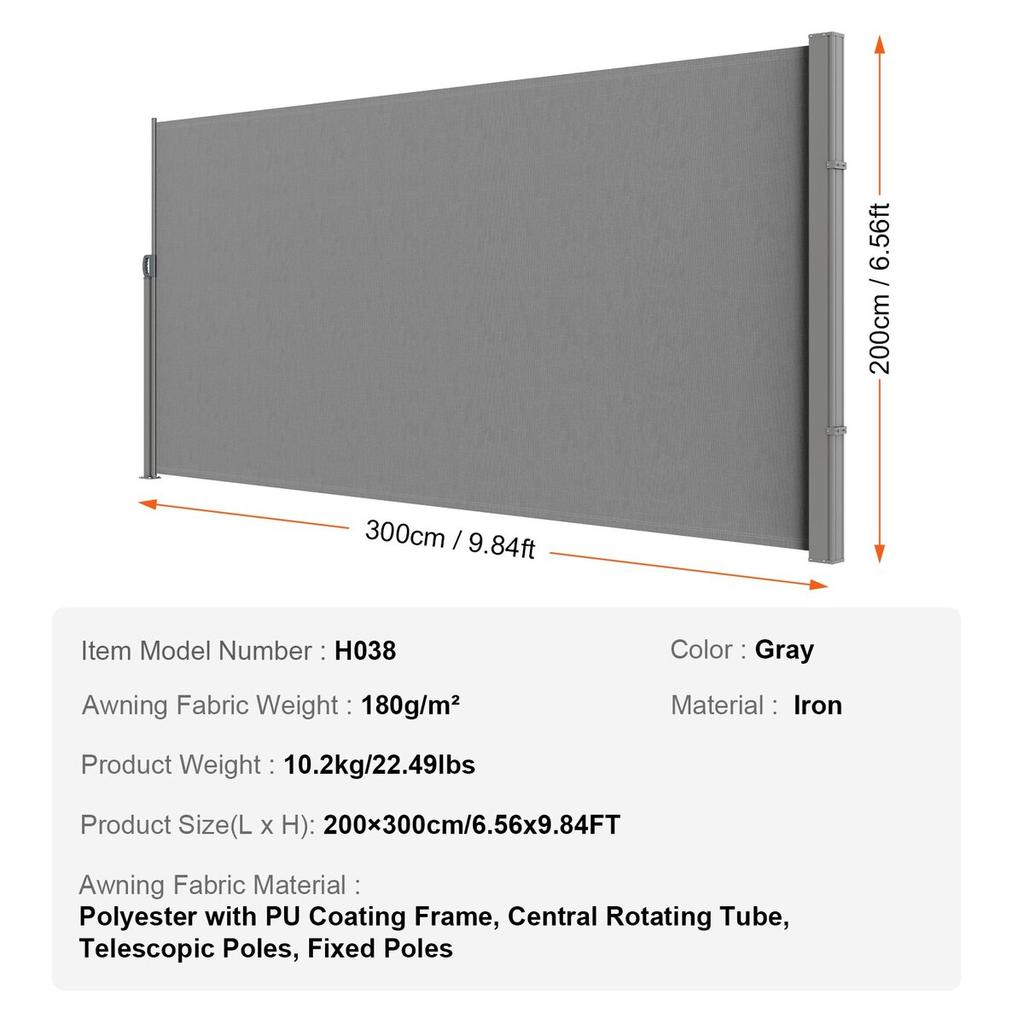 Retractable Side Awning, 79''x 118'' Outdoor Privacy Screen, 180g Polyester Water-proof Retractable Patio Screen, UV 30+ Room Divider Wind Screen for