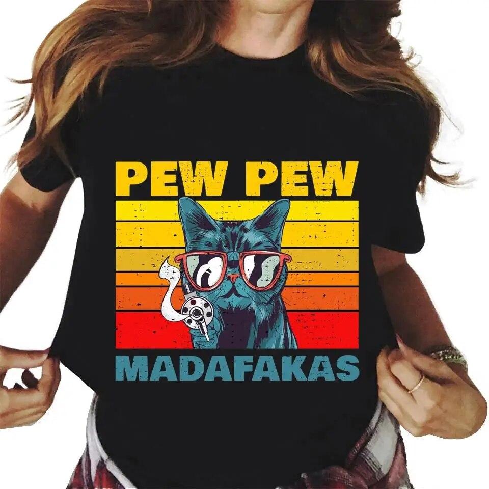 Pew Madafakas Графический принт Симпатичная футболка с черными кошками Унисекс Женская мода Повседневная футболка с круглым вырезом с коротким рукавом Плюс Размер Футболка унисекс