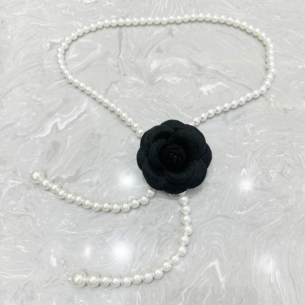 Camellia Flower Women Belt Dress Decorative Rope Pearl Waist Chain Sweet Pearl Waist Belts