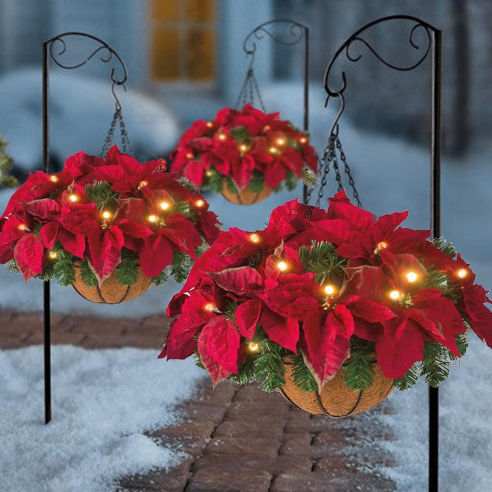 Pre Lit Christmas Hanging Basket Flocked with Mixed Decorations and LED Lights Artificial Frosted