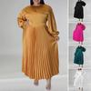 Women Dress Round Neck Lantern Sleeve Large Size Maxi Dress High Waist