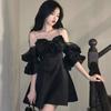 Korean Style Black Cabaret Dress Women Y2k Off Shoulder Mini Party Dresses Cute One Piece Tunic Mesh Vestidos