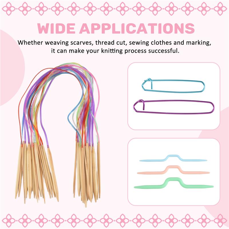AEE4-Knitting Needles Set-18 Pairs 18 Sizes Bamboo Circular Knitting Needles + 36 Single Pointed Bamboo Knitting Needles + Weavi