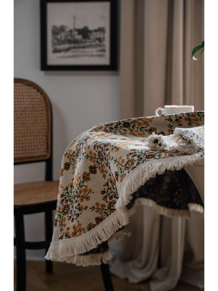 Floral Round Tablecloth with Tassels Diameter – Light Blue Polyester Jacquard Design, Decorative Lace and Fringe Detail for Dining