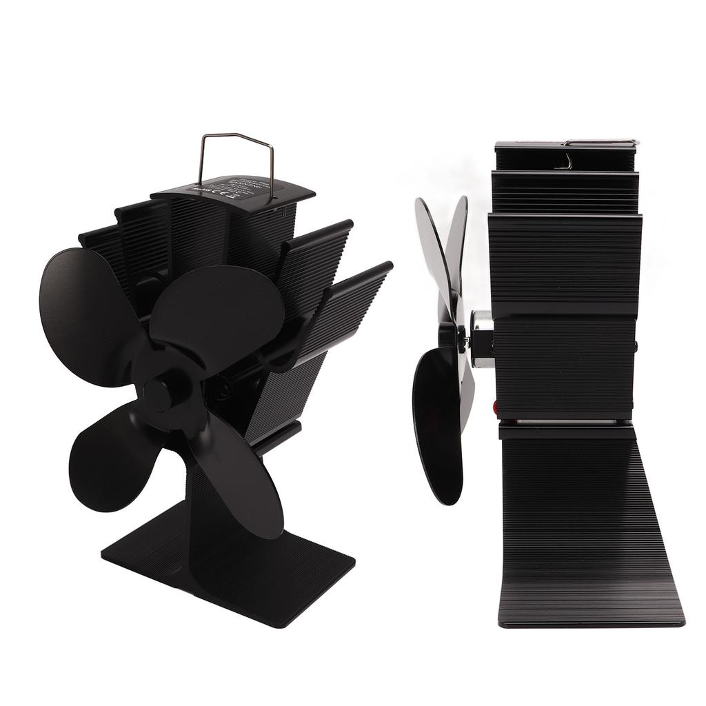 Heat Powered Fireplace Fan 4 Blades Aluminum Alloy Stove Fan High Temperature Proof Black Eco