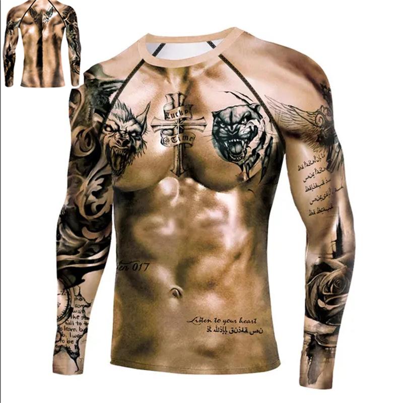 Muscle Tattoo Мужские компрессионные футболки с длинным рукавом Wolf Dragon Спортивная одежда Рашгард Фитнес Тренажерный зал Топы Футболки Уличная футболка