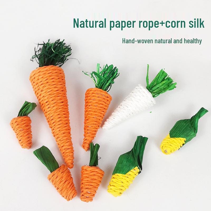 Pet Bunny & Cat Teething Toy - Woven Straw Carrot for Boredom Relief, Suitable for Guinea Pigs & Chinchillas.